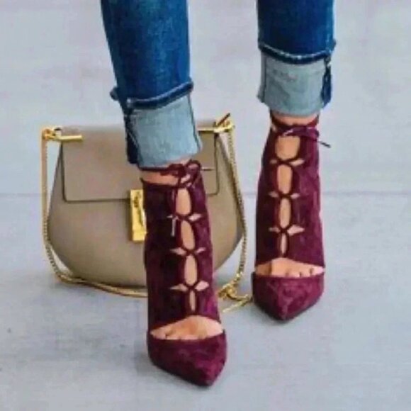 Aldo Ankle Boots Lace Up High Stiletto Heel CutOut Burgundy Suede Size 7.5 - Picture 3 of 16